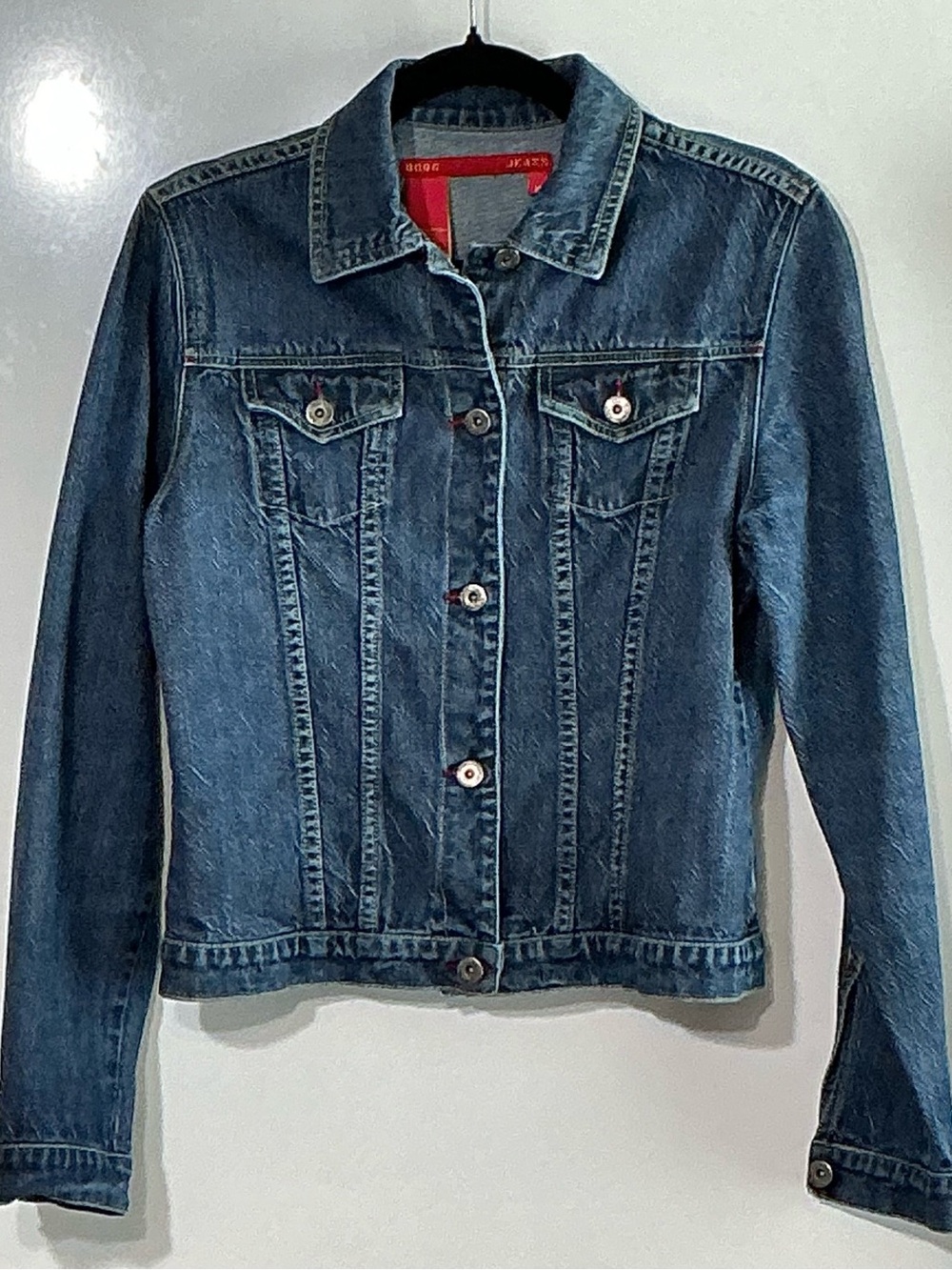 BCBG Max Azria Denim Jacket Medium Dark Wash Red Contrast Stitch Trucker
